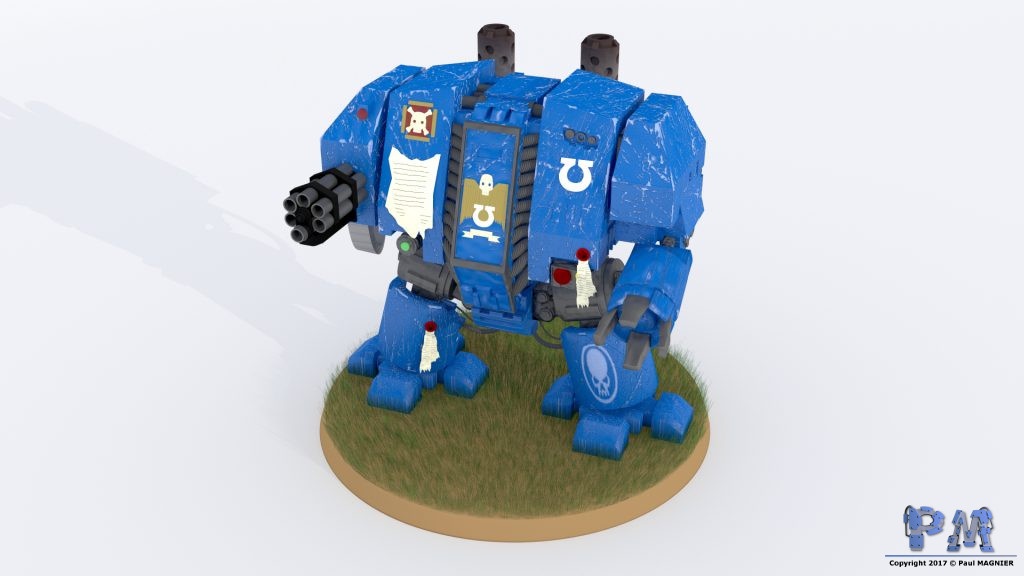 Reproduction de la figurine d'un Dreadnought de l'univers de Warhammer 40000.